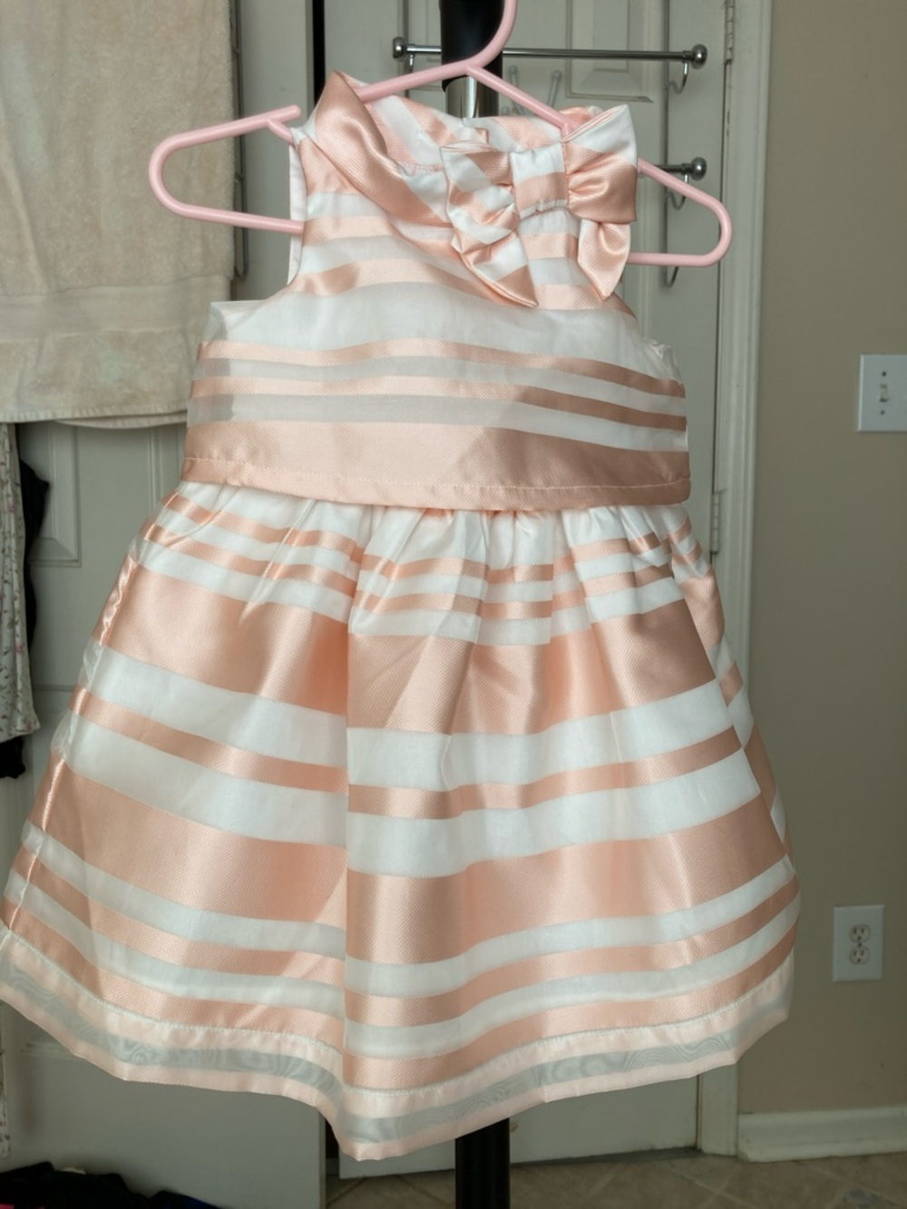 Janie and Jack Peach & White Striped Satin Bow Dress